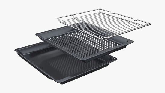 Drie bakaccessoires van een oven: een rooster, een grillrooster en een bakplaat, allemaal zwart.