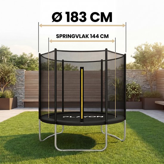 Zwarte trampoline van Ø183 cm met springvlak van 144 cm, omheind door een veiligheidsnet.
