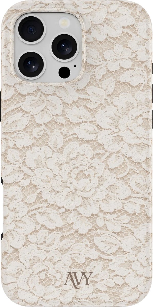 AVY Hoesje geschikt voor Apple iPhone 16 Pro Max | Vintage Lace | Kant | Beige | Hard Shell Back Cover | Compatibel met MagSafe & Qi2
