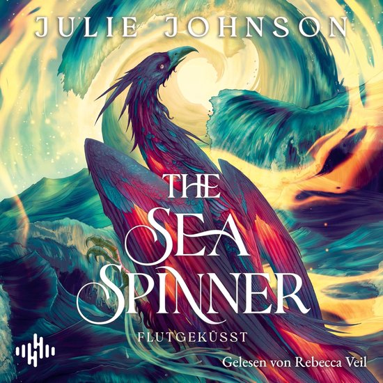 Een feniks-achtig wezen met rode en paarse veren vliegt op tegen een achtergrond van golven en mist. De tekst 'The Sea Spinner' staat centraal.