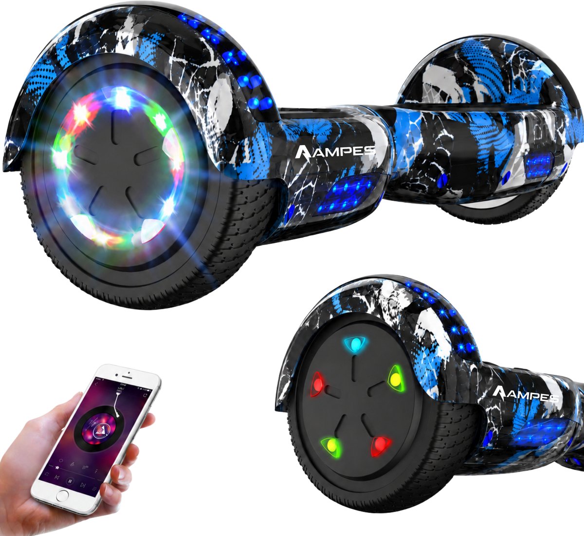 Ampes Hoverboard - Bluetooth Speaker - 24V 4.0 Ah Accu - Oxboard - 12 km/h - UL2272 Gecertificeerd - LED Verlichting - Anti lek banden - Belastbaar tot 120KG - 6.5 Inch - Inclusief Draagtas - 700W - Graffiti Blue