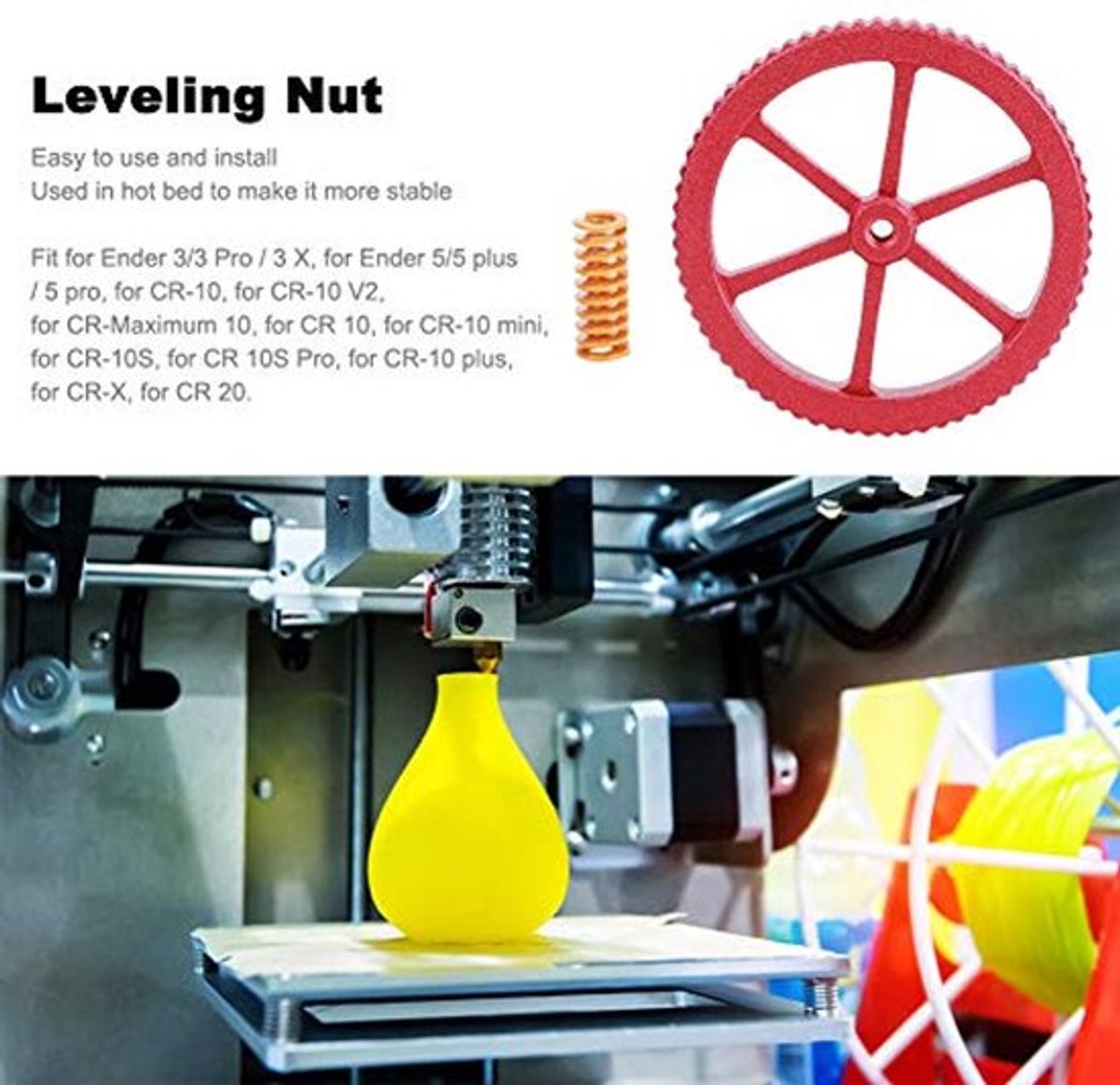 4-delige nivellermoer veerset, aluminiumlegering handtwist, voor Ender 3/3 Pro/3 X, voor Ender 5/5 Plus/5 Pro, voor CR-10, voor CR-10 V2-printers, rood