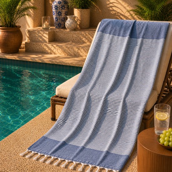 Blauw en wit gestreepte peshtemal met franjes, liggend op een chaise longue bij een zwembad.