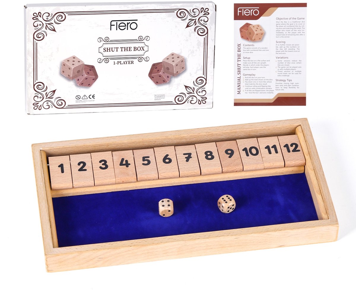 Flero Shut The Box, Houten Dobbelspel, Klepspel - 1 Speler Bordspel met 12 Klepjes en 2 Dobbelstenen - Montessori Tactiek- en Rekenspel voor Kinderen, Volwassenen en Ouderen vanaf 3 Jaar - Reisspel, Cadeau (Blauw)