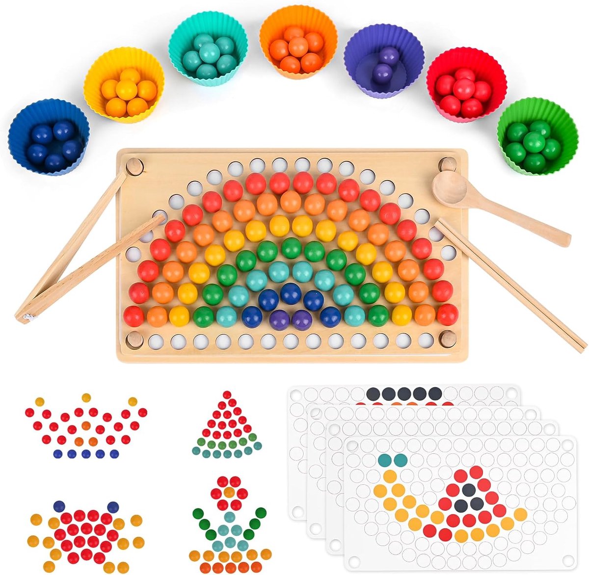 Flero Montessori Speelgoed met Regenboogkralen voor Kinderen vanaf 3 Jaar - Houten Sorteer- en Stapelspel - Educatief Leerspel met Patroonkaarten - Cadeau