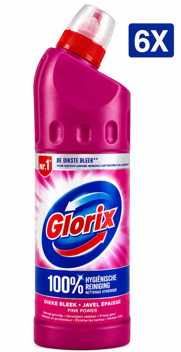 Glorix WC Powergel Pink Flower 750 ml - Set van 6 Flessen (4.5 L Totaal) - Toiletreiniger met Anti-Kalk Werking - Werkt ook Onder Water - Frisse Bloemengeur - Voordeelverpakking
