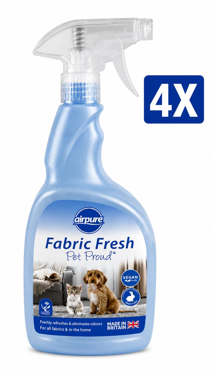 Airpure Textielverfrisser Pet Proud Huisdier 750 ml Spray - Set van 4 Flessen (3 L Totaal) - Geurneutralisator voor Beddengoed Gordijnen Kleding en Meubels - 100% Veganistisch en Dierproefvrij - Made in UK