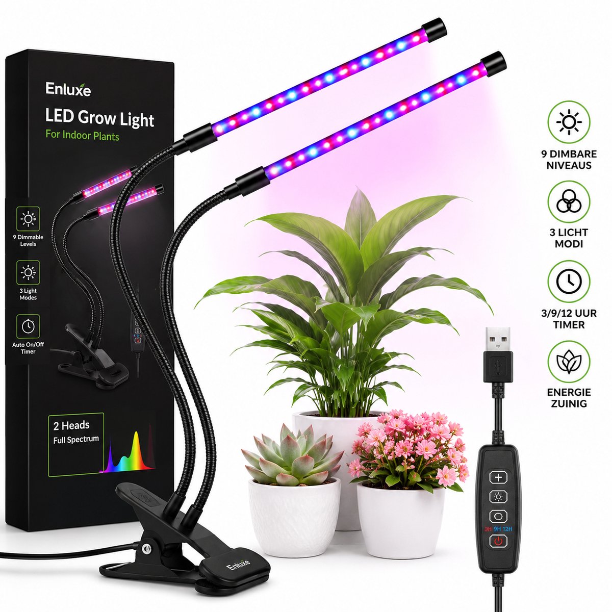 Enluxe LED Kweeklamp voor Planten – 2 Panelen – Timer & Afstandsbediening – 9W – Rood/Blauw – USB – Waterdicht IP54