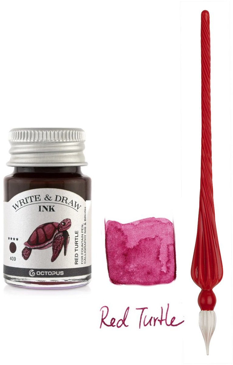 Glazen dip pen set in doosje - Rood - Potje Octopus inkt red turtle