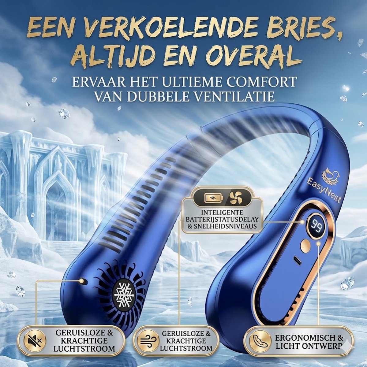 Draagbare Nekventilator USB Oplaadbaar – Bladloze Ventilator met Digitaal Display – Handsfree Persoonlijke Verkoeling voor Werk, Reizen & Sport