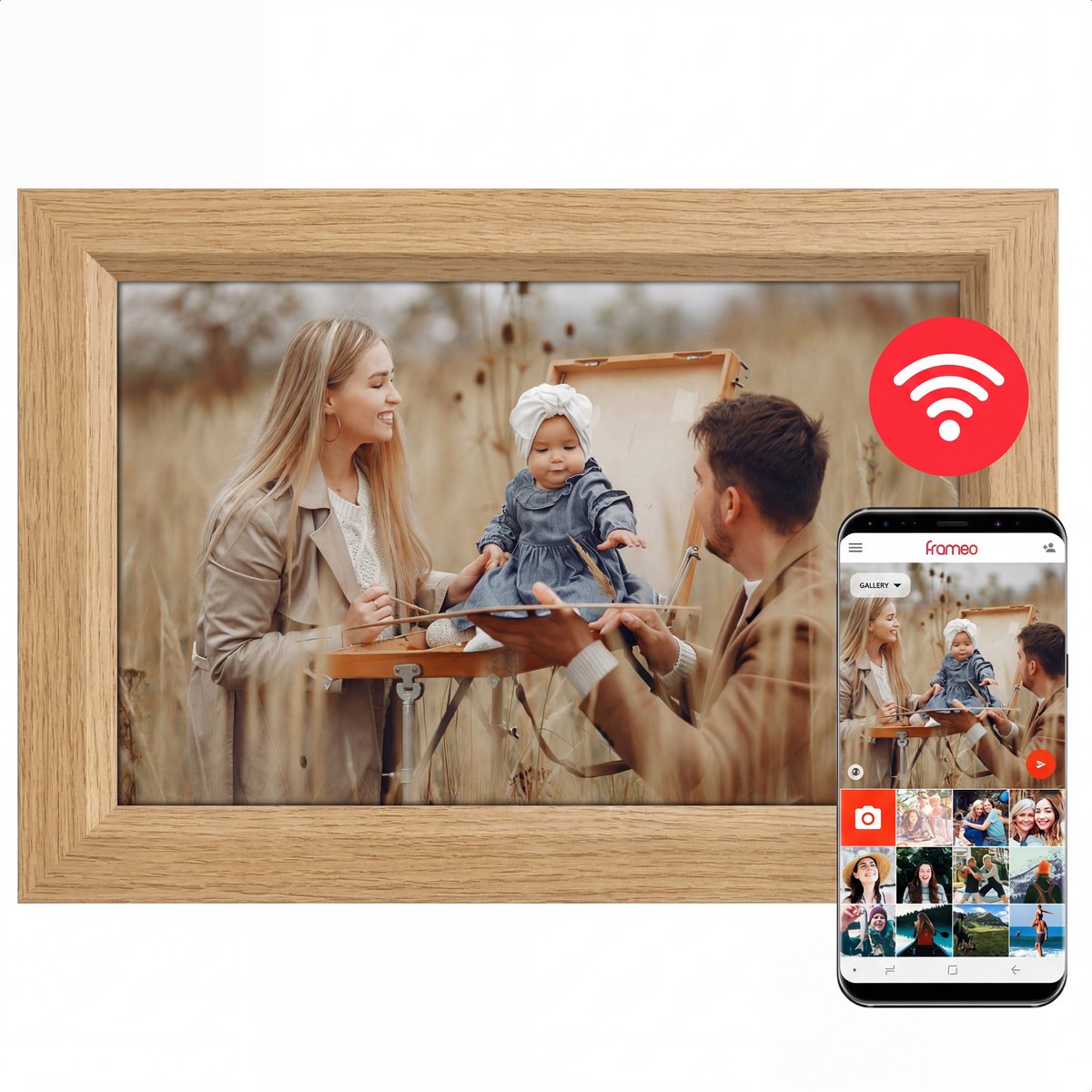 Digitale Fotolijst Met Wifi En Frameo – Fotokader - 10.1'' HD Display Met IPS Touchscreen - 32GB - Muurmontage & Staand Gebruik - Houten Frame Eiken
