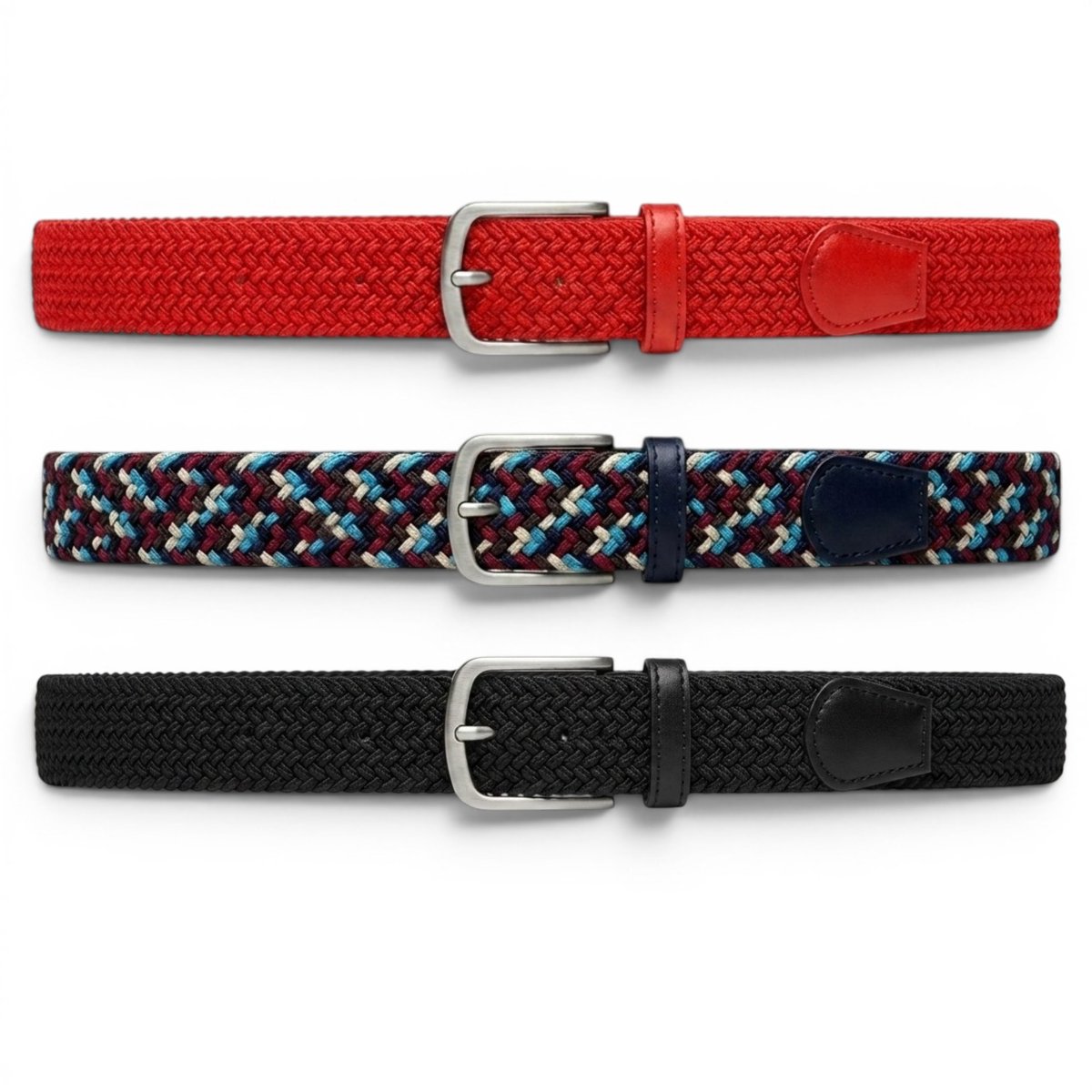 Safekeepers elastische riem - gevlochten riem dames - gevlochten riem heren - 3 stuks blauw, rood en multicolor
