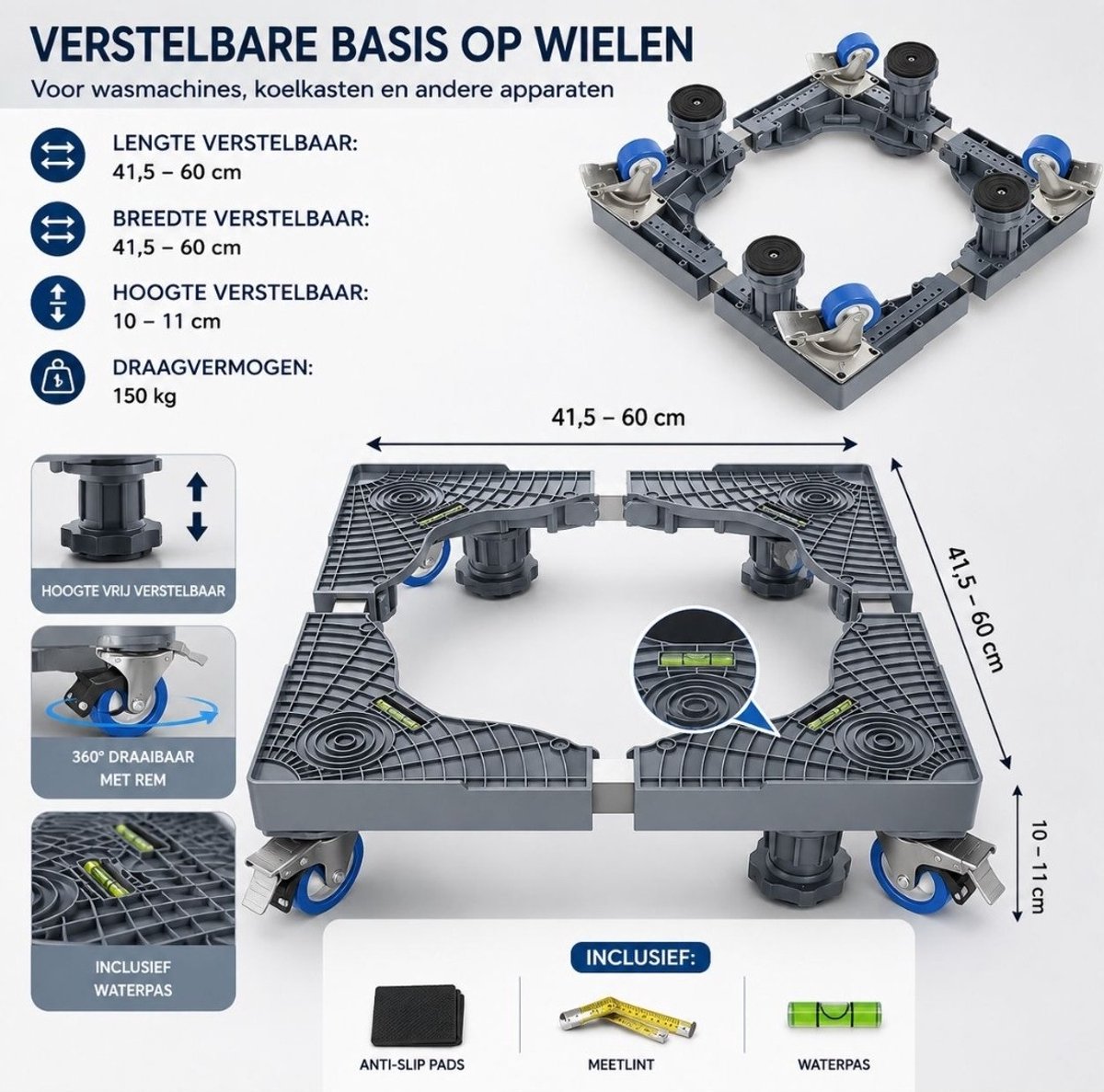 Verstelbare Wasmachine Verhoger – Met Wieltjes – Universele Verhoging voor Wasmachine Droger Koelkast en Vriezer – Wasmachine Kast Met Wielen – Wasmachine Sokkel