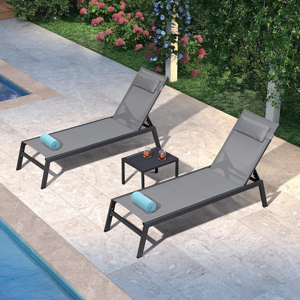 Purple Leaf Aluminium ligbedden met kussen - Set van 2 met bijzettafel - 188 cm - Grijs