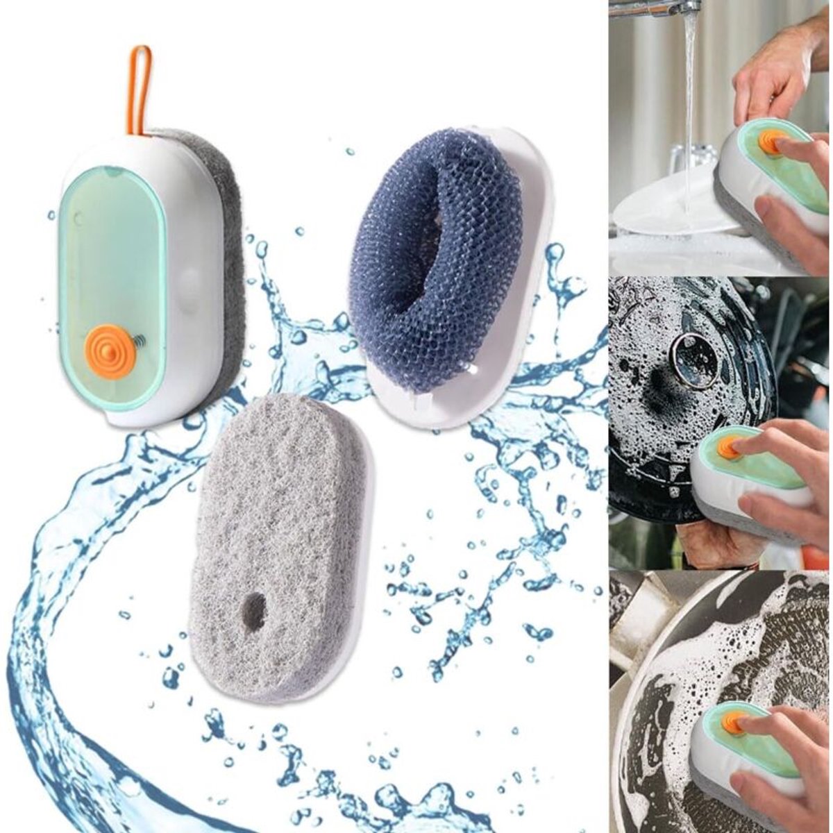 Afwasborstel met waterreservoir en 3 borstelkoppen