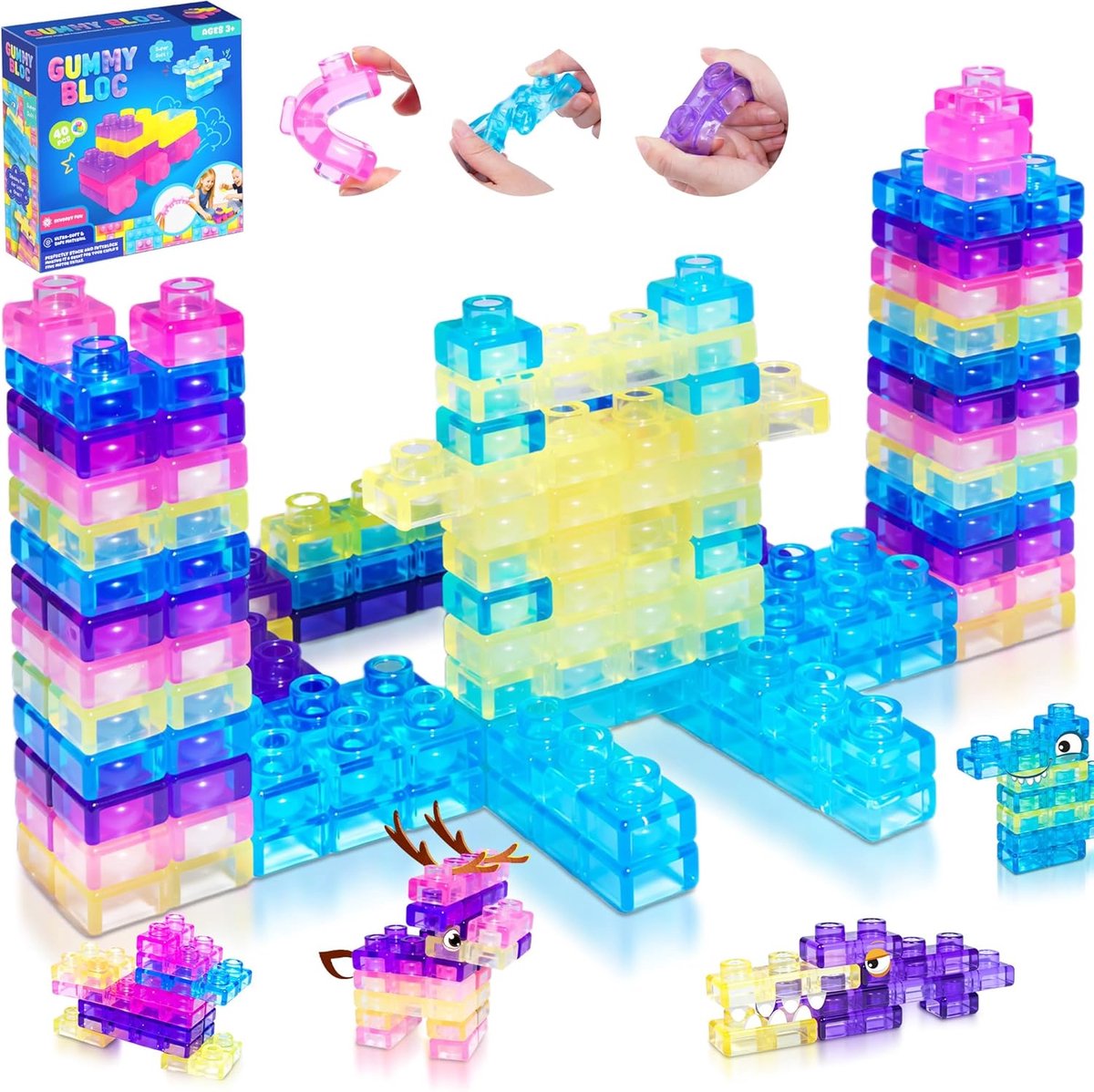 Daity 1 set zachte sensorische bouwblokken voor peuters en kinderen – Montessori-stapelspeelgoed (squishy), knijpbaar en rekbaar constructiespeelgoed voor vroege ontwikkeling, puzzelblokken voor creatief spel（40 PCS ）