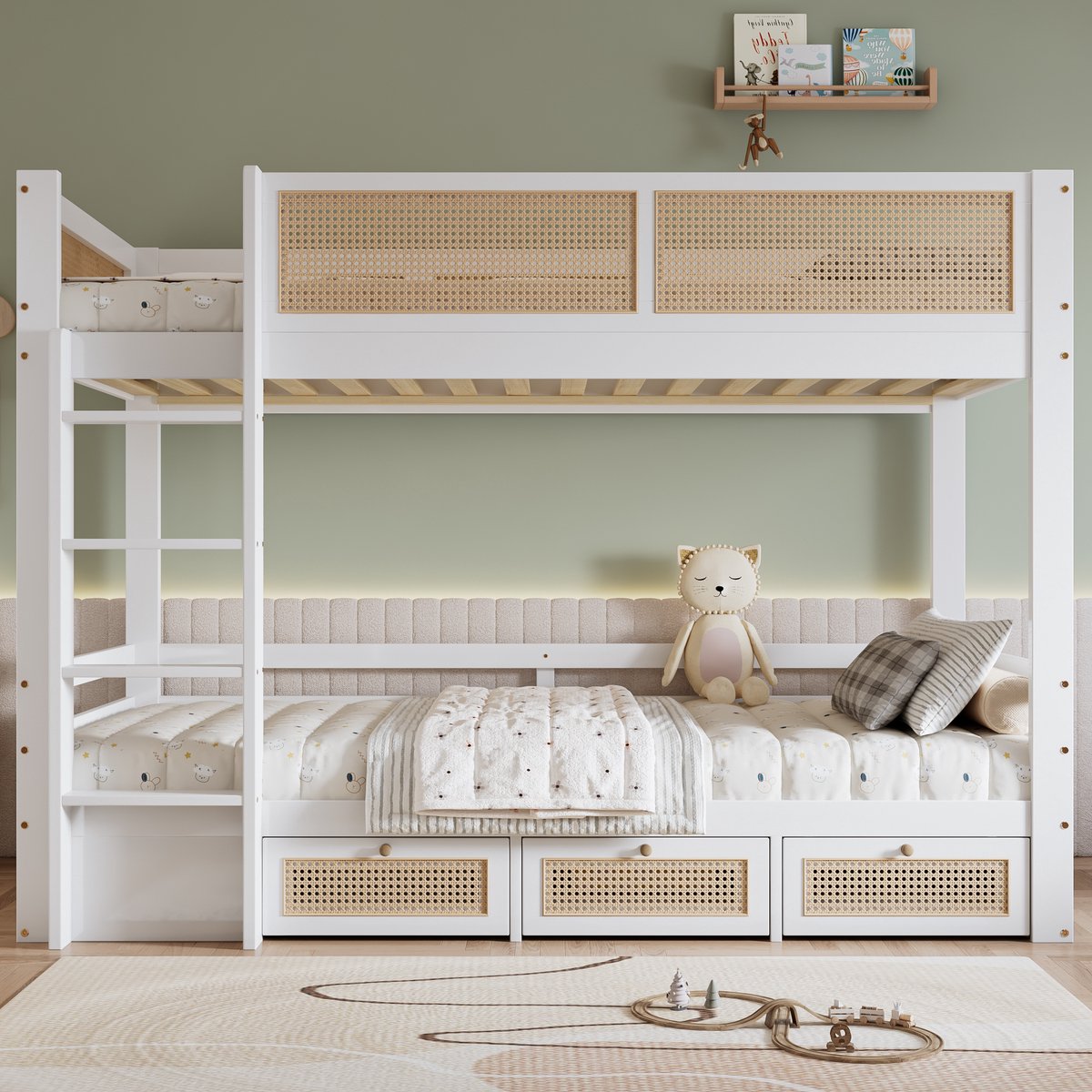REDOM Kinderstapelbed - Met Bedhekken En 3 Laden - Gevlochten Rotanlook - Grenenhout En MDF - Wit/Naturel - 90x200 Cm Wit+Natuurlijk