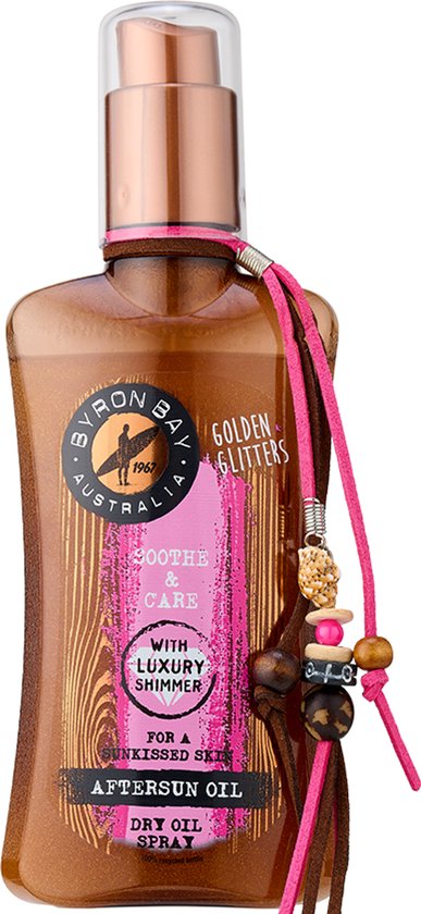 Flesje Byron Bay Golden Glitters Aftersun Oil met roze en bruine kwastjes en houten kralen.