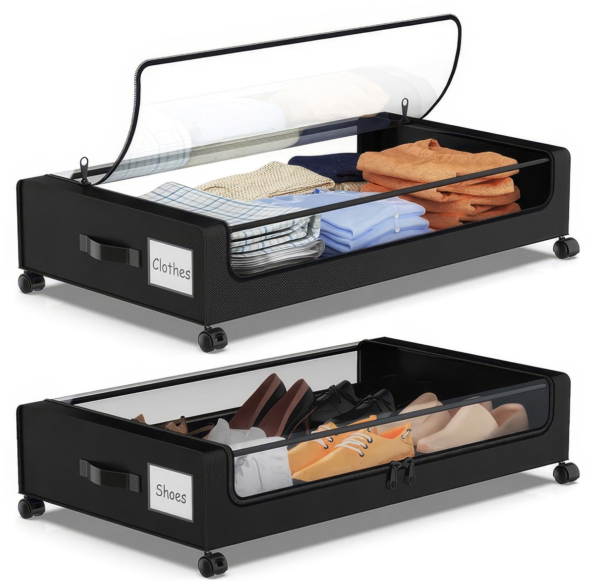 Lemlit Onderbed Opbergboxen 2 Stuks 80 x 43,5 x 16 cm - Onderbed Organizer met Wielen en PVC Deksel - Bedbox voor Kleding Schoenen Dekens en Beddengoed - Zwart
