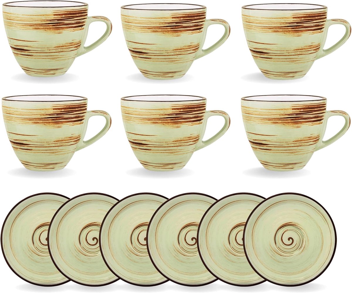 Wilmax Cappuccinoset - 300 ml - Pistache Groen Porselein - Set van 6 (Kop en Schotel) - Koffiekoppen - Vaatwasser- & Magnetronbestendig