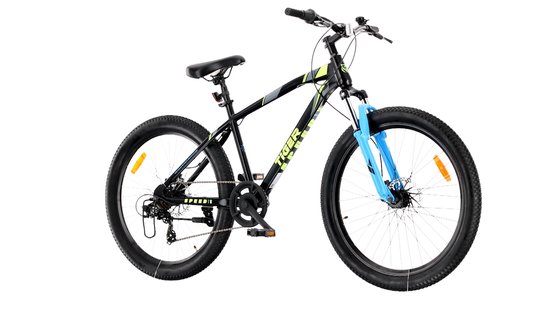 SUN BABY TIGER BIKE Mountainbike 26", MTB-fiets voor jongens en mannen, jeugd fiets 26 inch - stalen frame, 7 versnellingen, schijfremmen, vering - Zwart-Groen-Blauw