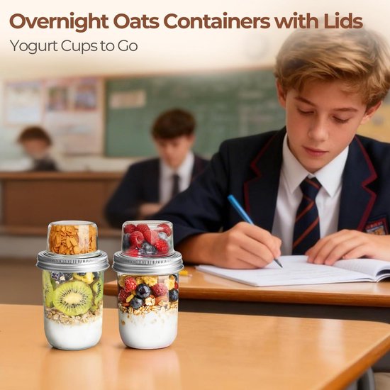Dubbellaagse havermoutpotten - Set van 2 - 100 ml + 500 ml - Draagbare dubbellaagse yoghurtbekers - Scheiding van droge en natte ingrediënten - Ook geschikt voor chiazaadpudding, ontbijtgranen, noten, fruit, maaltijden en salades - Transparant — afbeelding 3
