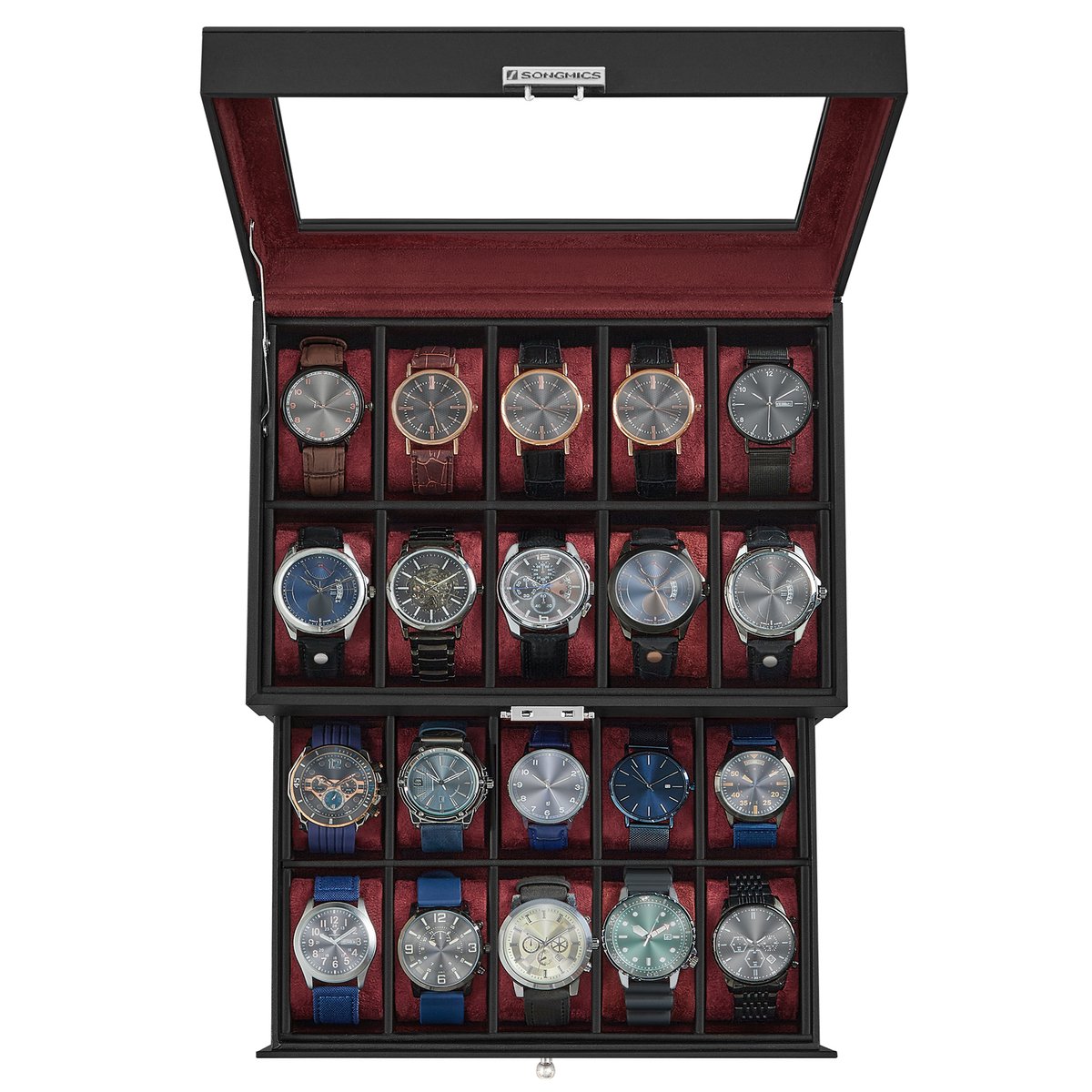 SONGMICS - Horloge Doos - Met Glazen Deksel - 2 Lagen - Uitneembare Horlogekussens - Ideaal als Cadeau