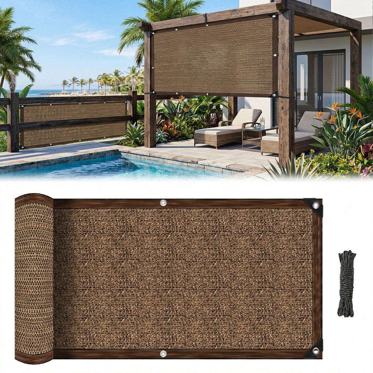 Qelus 500x400cm Balkonscherm & Privacyscherm - Premium Zichtbreeknet HDPE - 95% UV-Bescherming Winddoek voor Tuinafscheiding en Terras - Met Roestvrije Aluminium Ringen - Koffiebruin