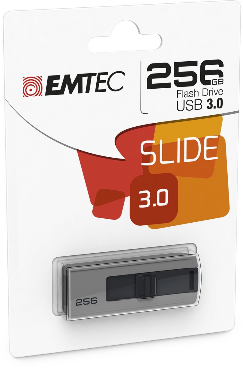 EMTEC II Slide B253 Series Flash Drive - 256 GB - USB 3.2 (Gen 1) - USB Stick - Slide - Gray