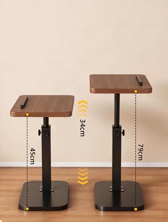 Twee verstelbare bijzettafels in walnoothoutkleur met zwart frame, naast elkaar getoond met afmetingen 45cm en 79cm.