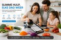 Familie gebruikt een RVS mandoline snijder voor groenten, met broccoli, paprika, courgette, ui en tomaten.
