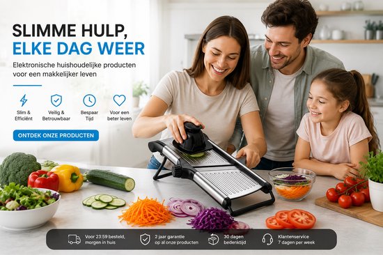 Familie gebruikt een RVS mandoline snijder voor groenten, met broccoli, paprika, courgette, ui en tomaten.