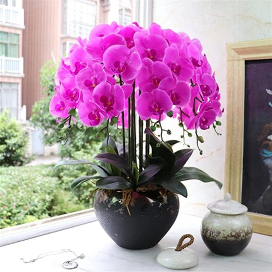 Grote Kunstorchideeën Set - Nep Bloemen Plant - Woonkamer Decoratie - Onderhoudsvriendelijk - Grote Planter - Geel Roze