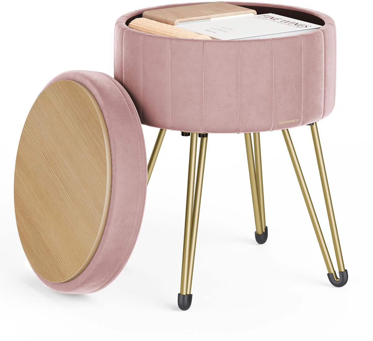 SONGMICS - Opbergpoef - Opbergpoef met Deksel - Ronde Kruk met Fluwelen Bekleding - 4 Metalen Poten