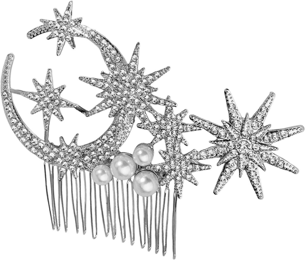 Bruidshaar Accessoire - Sterren Maan - Bruiloft Styling - Met Strass - 12.1 cm - Zilverkleurig