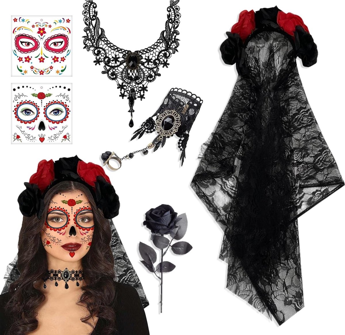 6-delige Haarband voor Dia de los Muertos, Halloween Kostuum met Rozenbloem, Sieraden en Gezichtstatoeages voor Feest en Carnaval