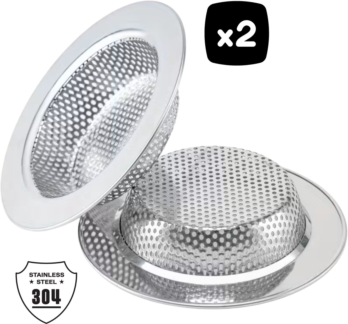 Grote RVS Gootsteen Zeef 2 Stuks - 304 Roestvrij Staal Afvoerfilter voor Keuken & Spoelbak - 11 cm Diameter - Eenvoudig te Reinigen Haar- en Etensresten Vanger - Duurzaam & Perfect voor Thuisgebruik