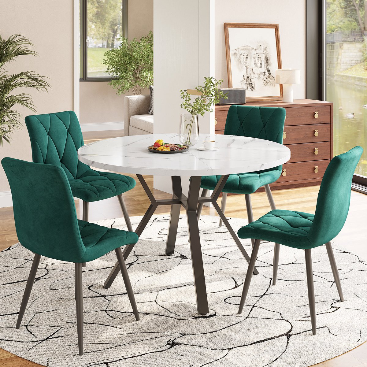 Eetkamerset (5-Delig), Moderne, Eenvoudige Ronde Eettafel En Stoelen Van Marmer, Tafelpoten Van Zwart Metaal + 4 Ergonomische Stoelen Van Groen Suède
