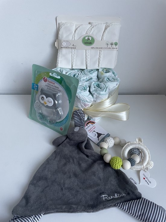 Luiertaart | Handgemaakte bijtring | Knisperkonijn | Koelbijtring | Monddoekjes van organic katoen | Kraamcadeau | Babyshower — afbeelding 3