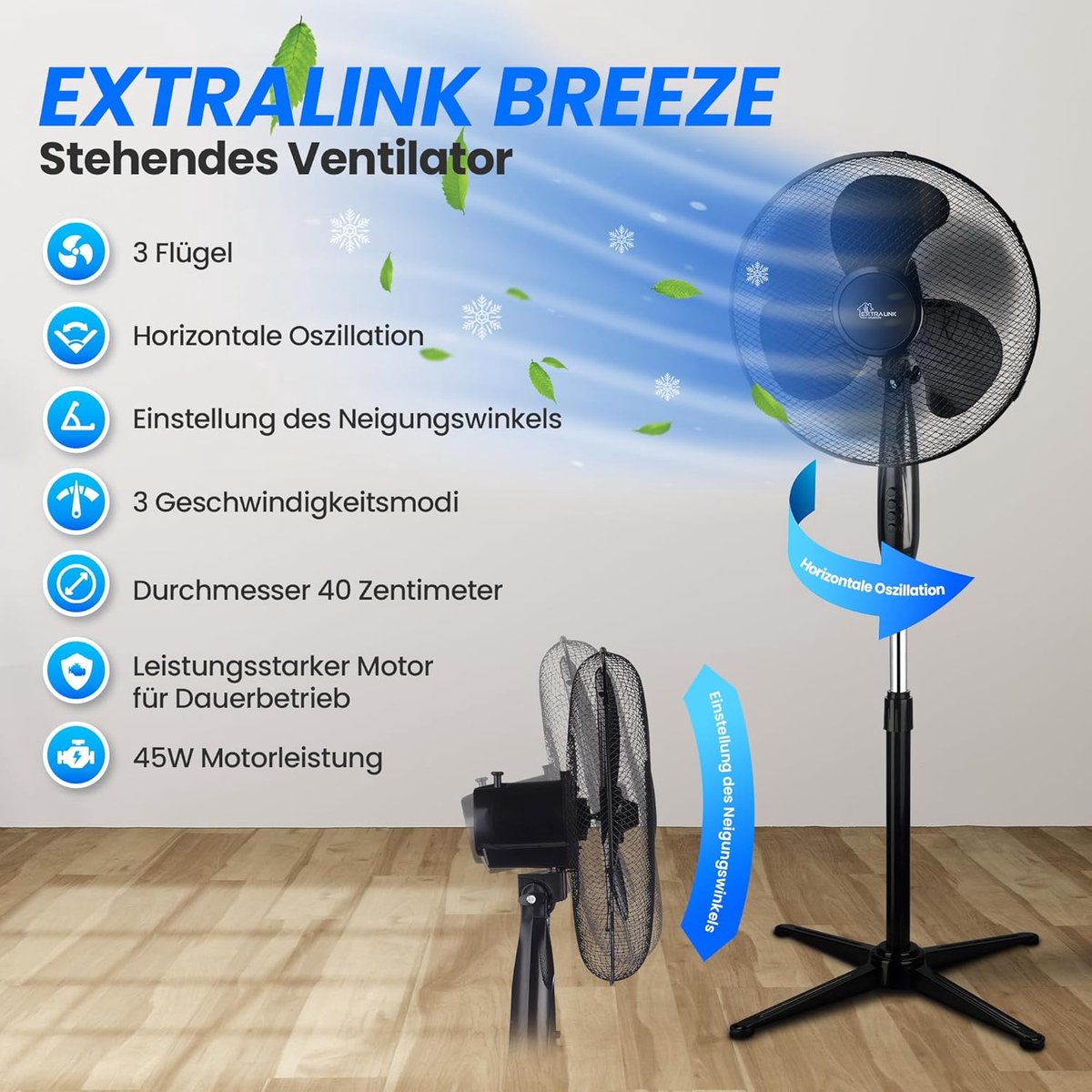 Vloerventilator - Stille Ventilator - Ruimte Koelen - 3 Snelheden en Oscillatie - 40 cm -