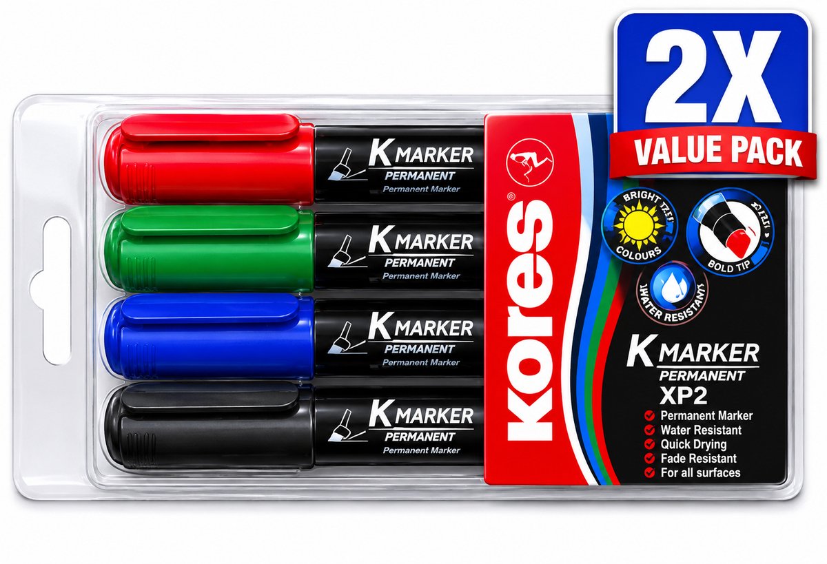 Kores XP2 Permanent Markers Set van 4 Kleuren - Voordeelverpakking van 2 Etuis (8 Stiften Totaal) - Permanente Inkt voor Karton Papier Glas Metaal en Plastic - Waterbestendig
