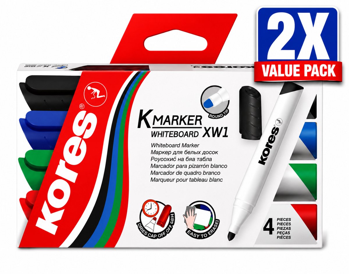 Kores Whiteboard Markers Set van 4 Kleuren - Voordeelverpakking van 2 Etuis (8 Stiften Totaal) - Ronde Punt 3 mm - Uitwisbaar voor Whiteboard - Schoolbenodigdheden en Kantoor