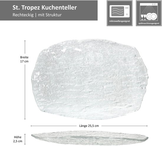 Een rechthoekige, glazen serveerschaal met structuur, magnetron- en vaatwasmachinebestendig. Afmetingen: 25,5 x 17,0 x 2,5 cm.