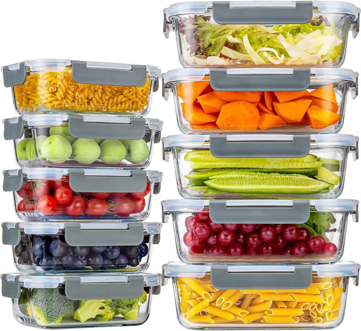 20-delige (10 sets) glazen voedselopslagcontainers met luchtdichte vergrendelingsdeksels - Lekvrije maaltijdbereidings- en lunchboxen, oven, magnetron, vriezer en vaatwasmachinebestendig