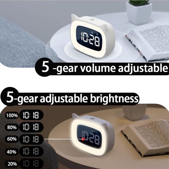 Kinderwekker Digitaal - Nachtlamp Klok - Wakker Worden - 18 Muziekjes - Standaard - Wit — afbeelding 3