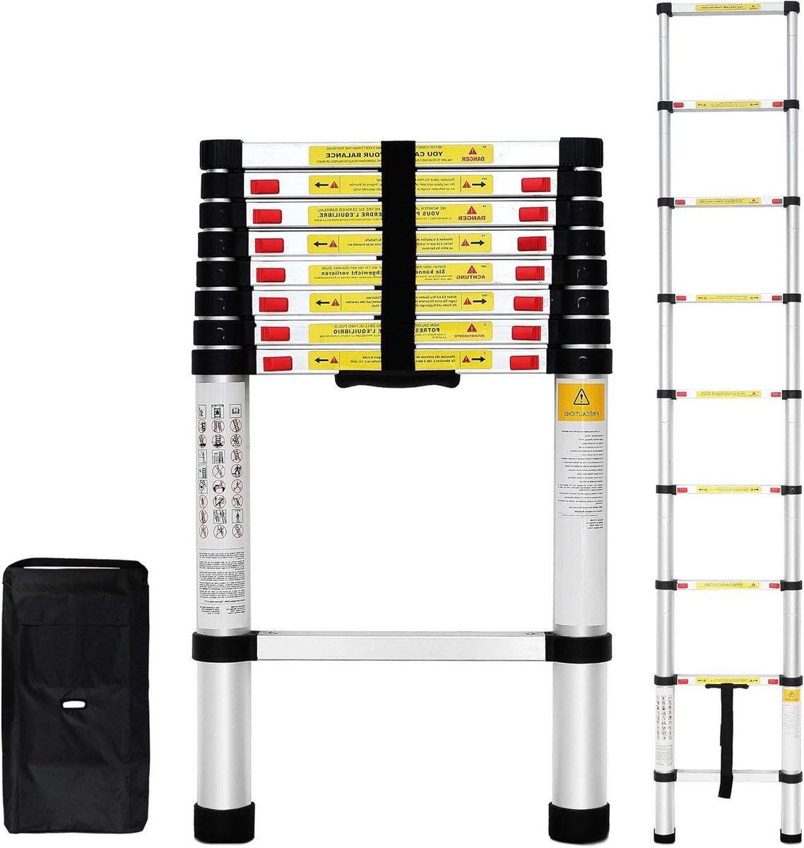 Todeco - Telescopische ladder, Opvouwbare Ladder - Maximale belasting: 149,7 kg - Standaard/Certificering: EN131-2.6 m, EN 131, FREE Carry bag