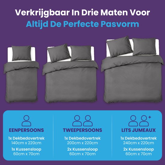 Drie maten donkergrijs dekbedovertrek met kussenslopen, van eenpersoons tot lits jumeaux.