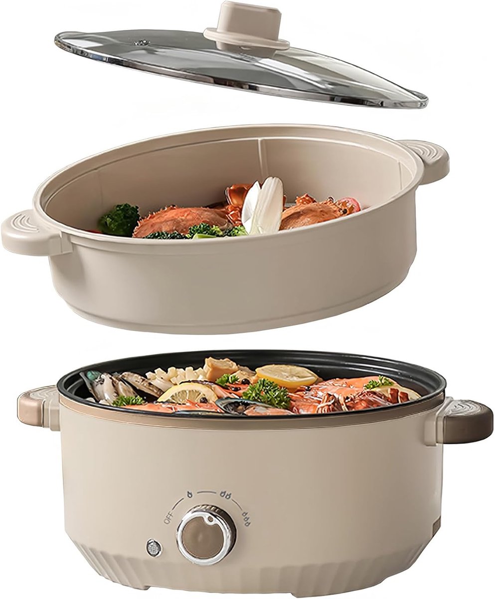 Elektrische Kookpan - Multi Kookpan - Thuis Koken - Dubbel Stoomdeksel - 4.6 Liter - Beige