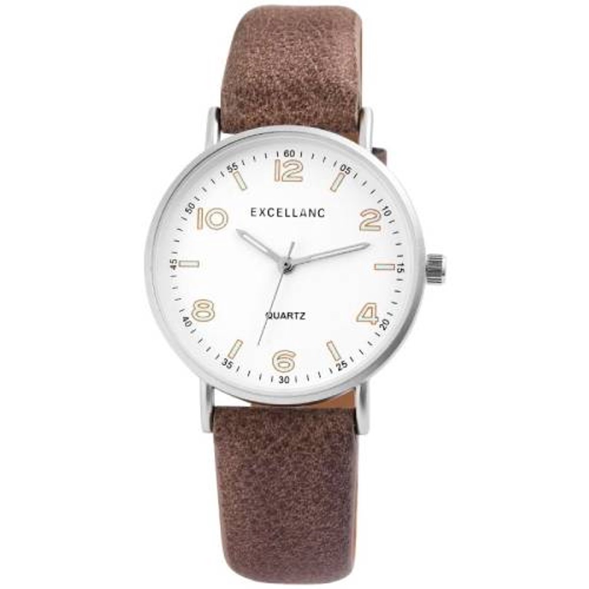 Excellanc-Unisex horloge-dames-heren-duidelijke wijzerplaat-bruine band-zilverkleurig-diameter 36 mm