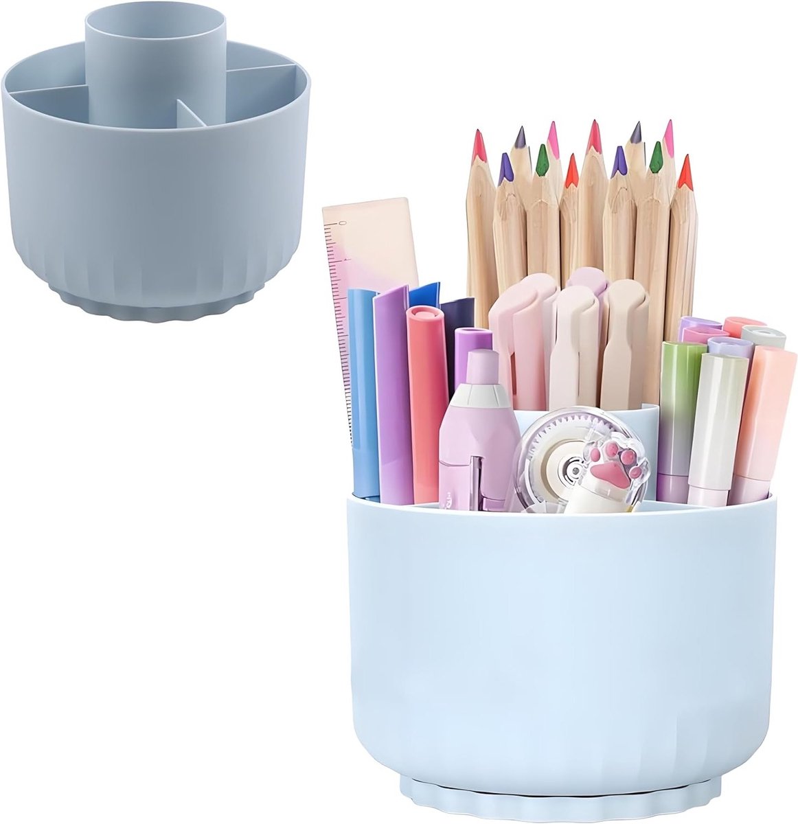 Organiser voor Bureau met 5 Compartimenten, Draaibare Pennenhouder en Desk Holder voor Kantoor en School, 360 Graden Rotatie, Lichtblauw